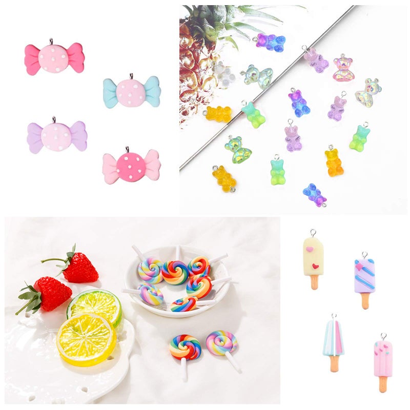 ZOCONE Colorful Candy Pendant, 60 Pcs Mixed Cute Charms Set With Gummy Bear, Ice Cream, Sweet Candy, Lollipop Shape Polymer Clay and Resin Charms for Jewelry Making - Image 3
